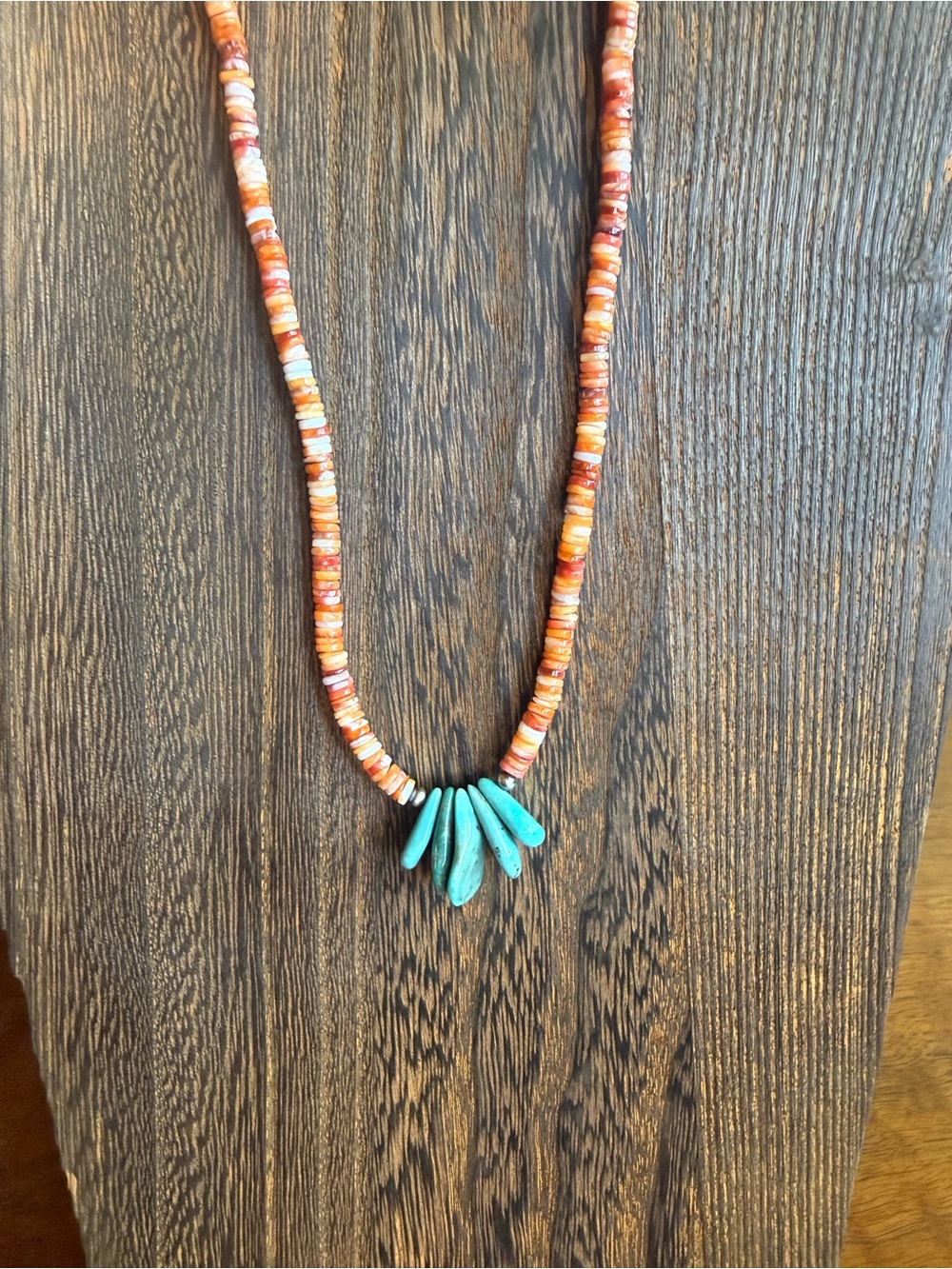 Southwestern Spiny Oyster Bead & Turquoise Cluster Necklace Sterling - Picture 2 of 3